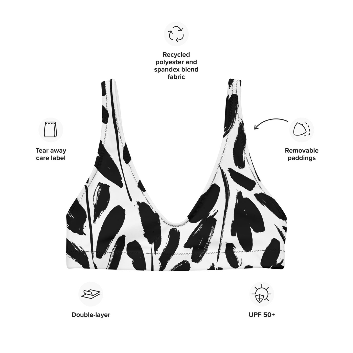 Recycled bikini top with black and white padding